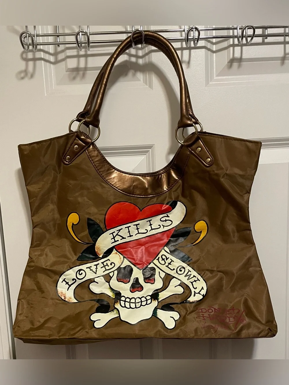 Vintage Ed Hardy Love Kills Slowly Bronze Tote Bag Y2K
